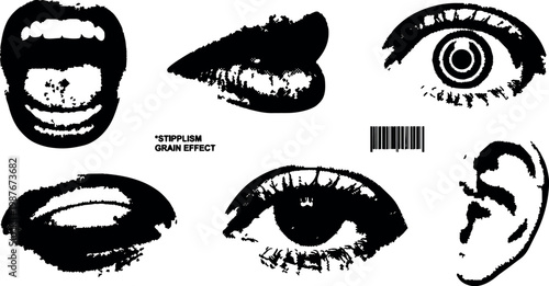 Black and white stipplism grain effect facial features with barcode