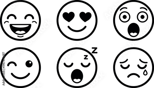 Black and white happy love surprised winking sleeping and sad emoticon faces vector art