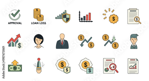 A collection of hand-drawn business and finance icons featuring themes like loan approval, loss, growth, data analysis, and professional personnel.