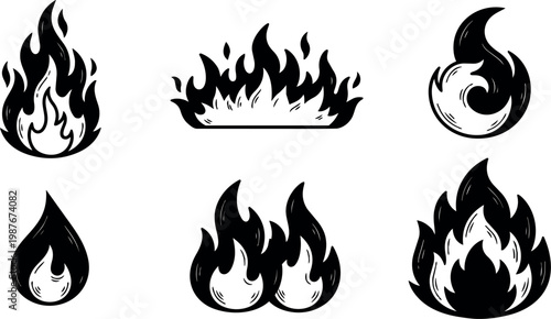 Black flame icons set with various fire shapes and styles vector art