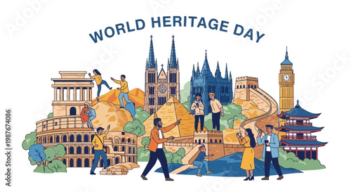 A vibrant vector illustration showcases World Heritage Day with people interacting near landmarks like the Colosseum and Great Wall, set against a clean white background, celebrating