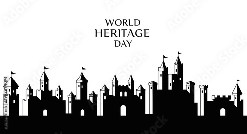 A World Heritage Day vector illustration showcases a silhouette of ancient architecture, symbolizing cultural heritage preservation against a clean white background, promoting global