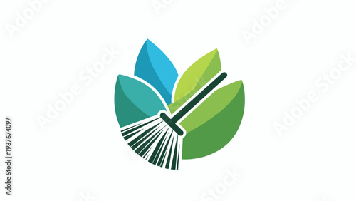 Eco-friendly cleaning service emblem featuring broom and green leaves symbolizing environmental responsibility and freshness