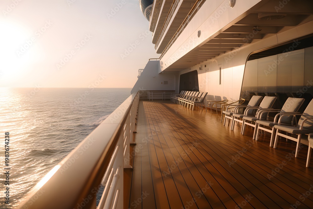 Fototapeta premium Sunset luxury cruise ship deck with empty lounge chairs overlooking ocean horizon