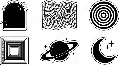 Black and white cosmic shapes including planet with ring and crescent moon vector art