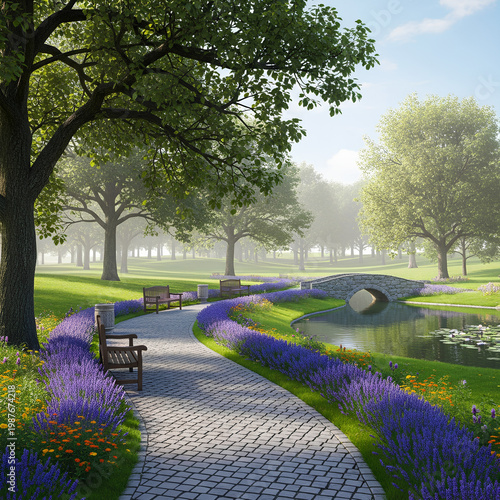Serene park path with lavender flowers and a stone bridge.