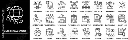 Civic Engagement outline icon collection set. Containing design engagement, community, participation, civic, democracy