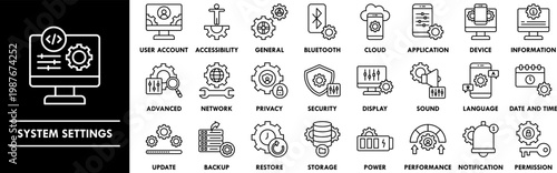 System Settings outline icon collection set. Containing design settings, configuration, preferences, control panel, system configuration
