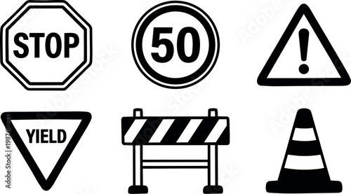Black and white road signs stop yield speed limit and warning icons vector art