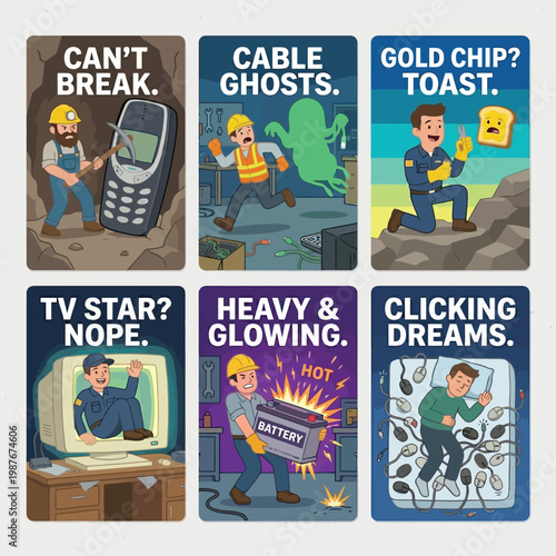 Vector Set 6 E-Waste Miner Stickers Flat Art Highlighting Technology Recycling Failures Hardware Mishaps And Hard Labor Conditions For International Labor Day Environmental Issues 
