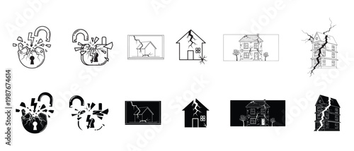 Collection of cracked and broken house and padlock icons representing disaster and damage