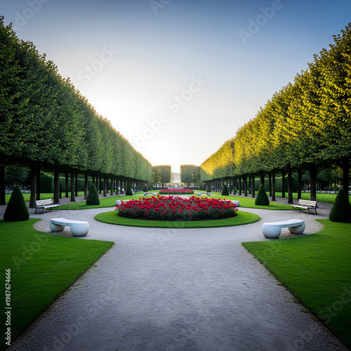Symmetrical garden with trees and flowerbed under a clear sky.