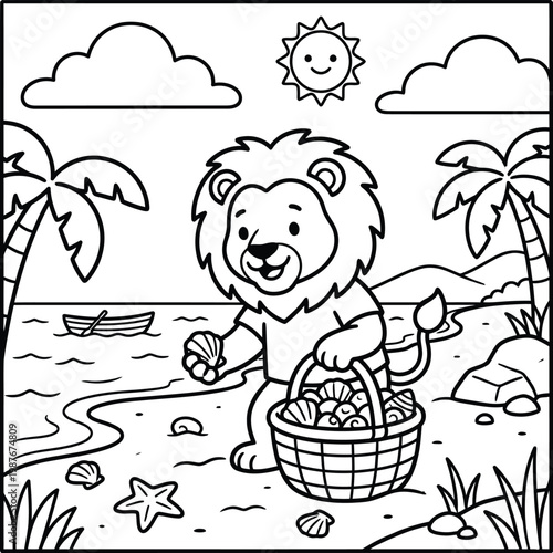 Quadro su tela Bold and Easy Lion Coloring Page - Cozy Moment Cute Kawaii Wild Animal Minimalis