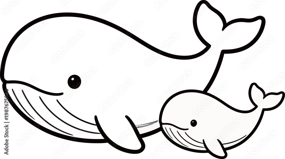 Obraz premium Line drawing of a mother whale and her calf swimming together