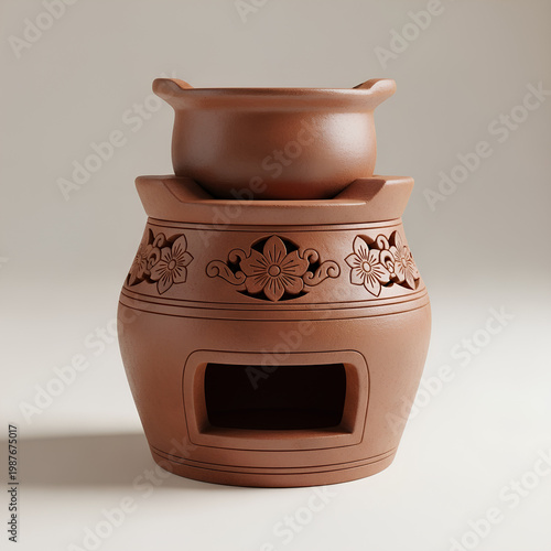 Traditional Chinese Clay Stove with Decorative Floral Design.
