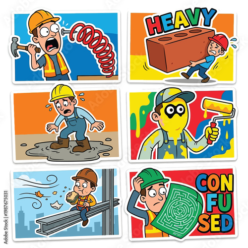 Vector Set 6 Funny Caricature Stickers Of Construction Workers Facing Challenges Heavy Lifting Blueprint Confusion And Accidental Messes Highlighting Labor Day Themes For Microstock