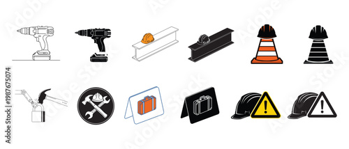 Collection of industrial safety and construction icons including drills hard hats and warning signs