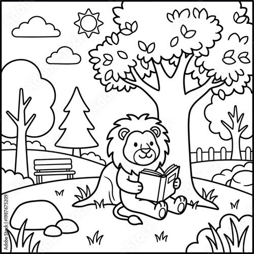 Schilderij op canvas Bold and Easy Lion Coloring Page - Cozy Moment Cute Kawaii Wild Animal Minimalis