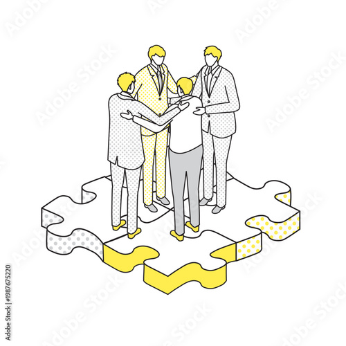 パズルの上で肩を組むビジネスチームのアイソメトリック線画イラスト