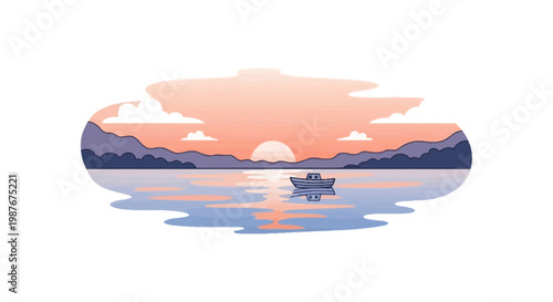 Minimalist Vector Illustration of a Boat on a Peaceful Lake at Sunset