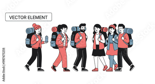 Group of young people hiking and trekking with backpacks vector
