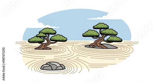 Japanese Zen Garden Illustration with Bonsai Trees and Raked Sand