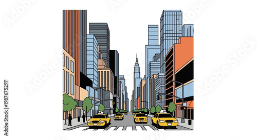 Modern flat vector of New York City avenue with yellow taxis