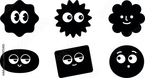 Black playful shapes with eyes and facial expressions vector art
