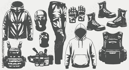 Tactical Military Clothing and Special Forces Equipment Vector Set