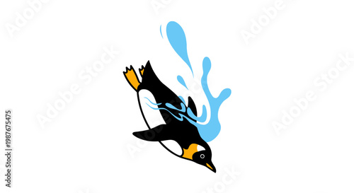 Penguin Diving into Water Illustration with Blue Splash Vector