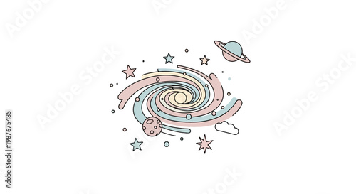 Minimalist Pastel Space Vector Illustration with Galaxy and Planets