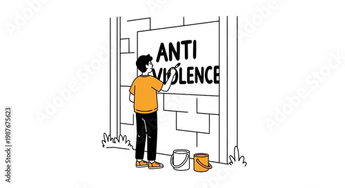 Young Man Painting Anti Violence Message on Wall Illustration