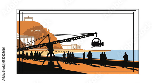 Film Production on Beach Promenade Vector Illustration