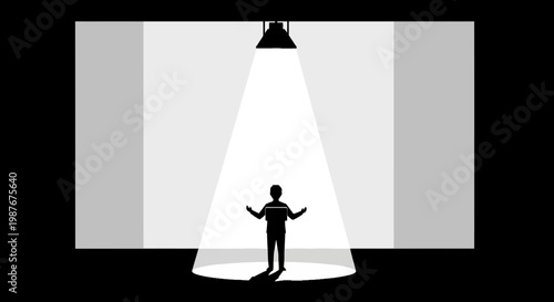 Minimalist vector silhouette of a public speaker under spotlight