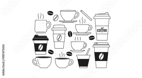 Coffee Cups and Beans Vector Illustration Set in Line Art Style
