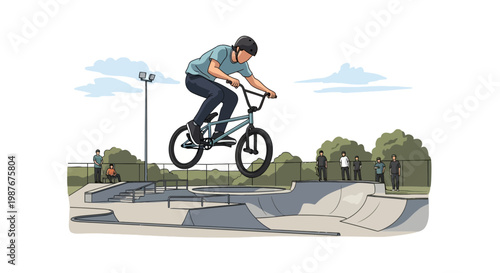 BMX rider performing mid air jump trick at a skatepark illustration