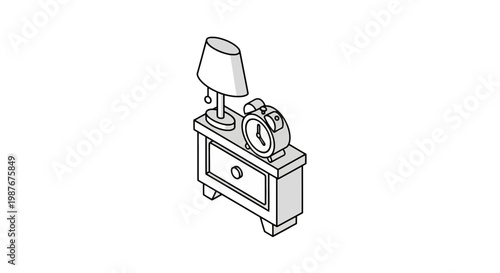 Isometric Nightstand with Lamp and Alarm Clock Vector Illustration