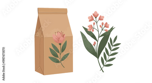 Eco-Friendly Paper Bag Packaging with Floral Design Illustration
