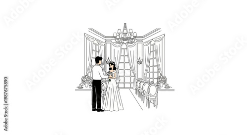 Bride and groom exchanging vows in a luxury ballroom illustration