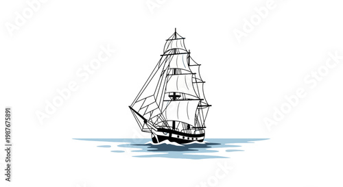 Vintage Tall Ship Sailing on Ocean Vector Illustration