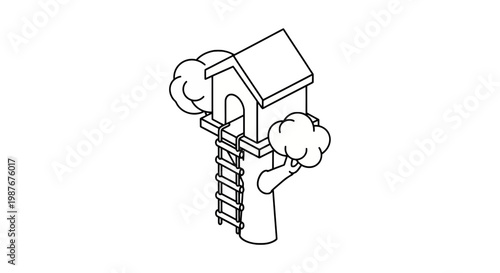 Isometric Treehouse Vector Illustration Line Art Drawing