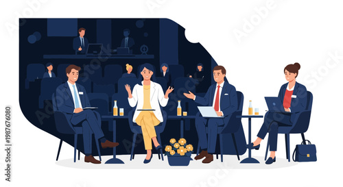 Business Conference Panel Discussion Flat Vector Illustration