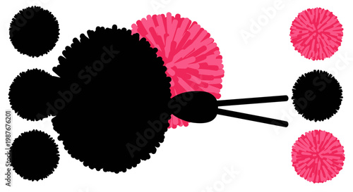 Pink and Black Pom Pom Vector Set with Silhouettes