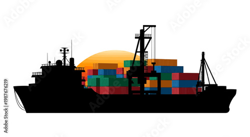 Industrial cargo ship silhouette with colorful containers at sunset