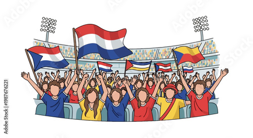 Enthusiastic sports fans cheering with flags in a stadium illustration