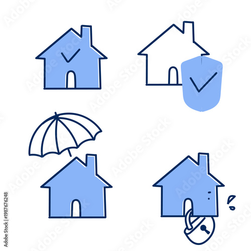 Hand drawn property insurance and home security icon set. Real estate protection doodle illustrations