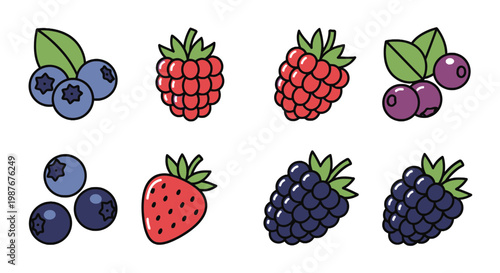 Colorful Berry Vector Illustrations Including Strawberry and Blueberry