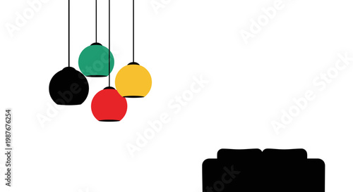 Minimalist Vector Illustration of Colorful Pendant Lamps and Sofa
