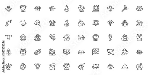 Halloween Party icon set. Vector illustration pack with pumpkin, ghost, witch, skull, vampire, candy, bat and more spooky symbols.