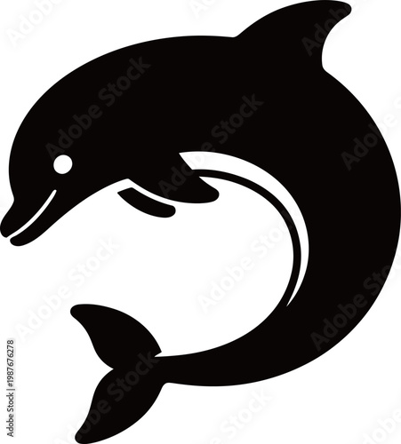 Silhouette of a dolphin leaping in a curved motion, depicted in black and white.